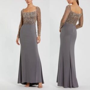 Mac Duggal Platinum Gold Beaded Square Neck Long Sleeve Jersey Gown - Reemoly